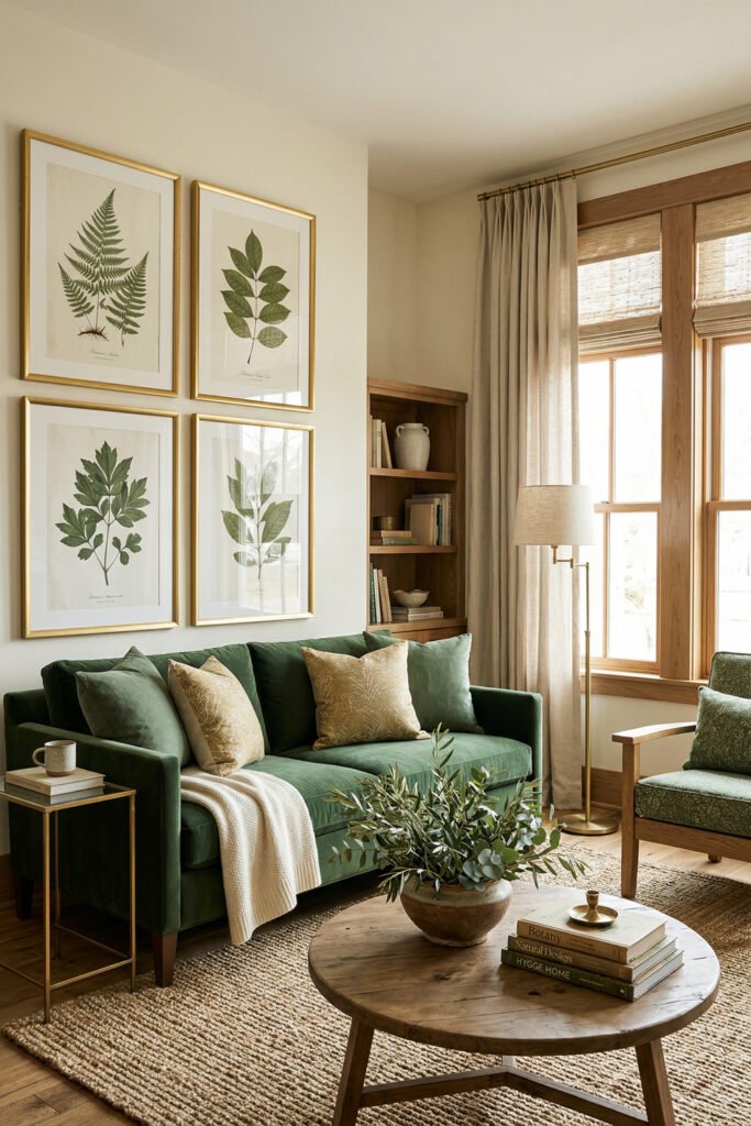 Green And Gold Room Ideas For A Stylish Living Room 22 Green velvet sofa with gold and botanical gallery wall, round wood coffee table, brass floor lamp, and woven rug in a warm living room.