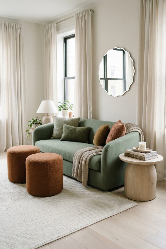 Light Green And Rust Living Room featuring a mint sofa, two rust ottomans, pale wood side table, scalloped mirror, cream curtains, and soft layered pillows.
