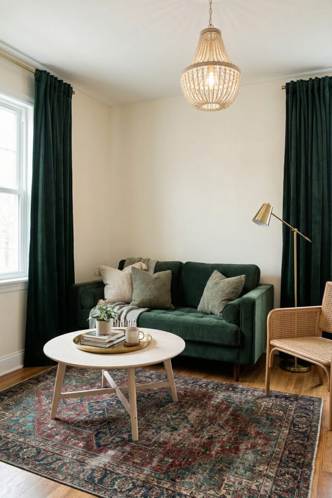 Green Boho Living Room Ideas With Relaxed Style 23 Cozy Green Boho Living Room with dark green velvet loveseat, deep green curtains, beaded chandelier, white coffee table, cane chair, and vintage rug.