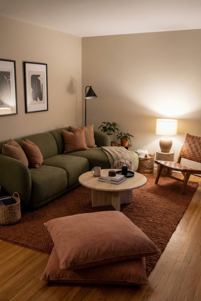 Green Burnt Orange Living Room Ideas With Rich, Easy Style 21 Curved olive sofa, rust rug, blush floor cushions, wood chair and warm lamp light in a cozy Green Burnt Orange Living Room