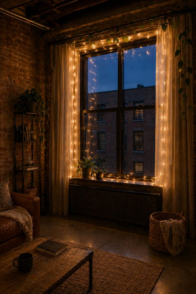 Industrial apartment window with fairy lights, sheer curtains, exposed brick, plants, leather chair, and warm cozy glow.
