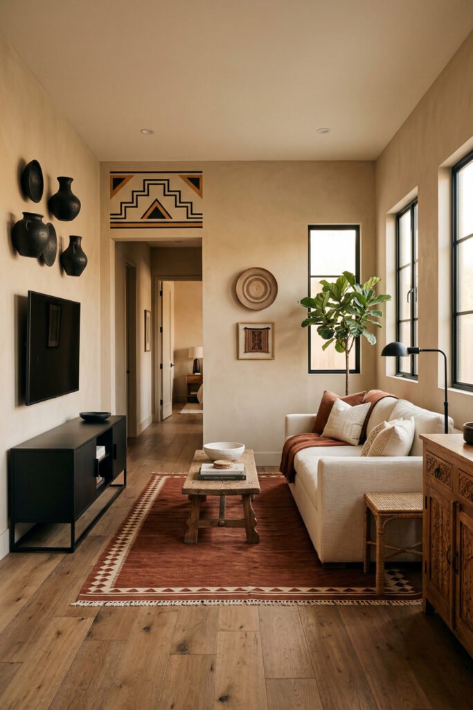 Long narrow living room with cream sofa, rust rug, black pottery, carved wood cabinet, and graphic wall motif in a streamlined Nubian Style layout.
