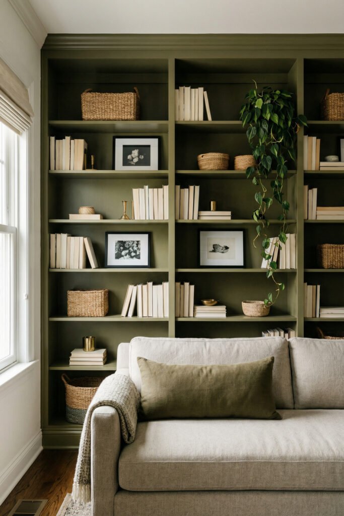 Olive Green Decor Ideas For A Layered Living Room 22 Close-up of dark olive built-in bookshelves with baskets, books, trailing plant, and cream sofa with olive lumbar pillow.