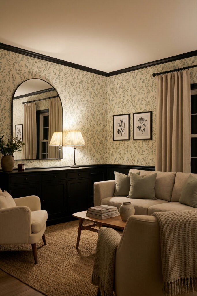 Sage Green And Black Living Room Ideas for a Layered Look 17 Botanical living room with sage wallpaper, black wainscoting, cream seating, arched mirror, black console, and warm lamps for Sage Green And Black Living Room Ideas.