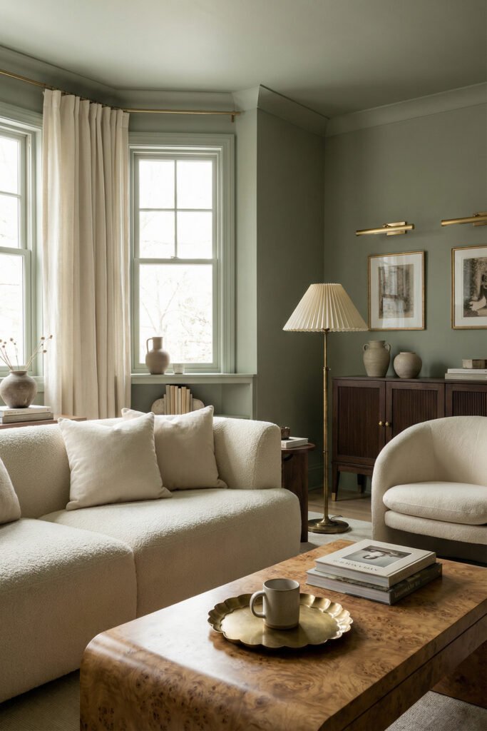 Sage Green Lounge Ideas for a Calm, Collected Living Room 22 Refined sage green living room with cream boucle seating, burl wood table, brass tray, pleated lamp, and dark wood cabinet.