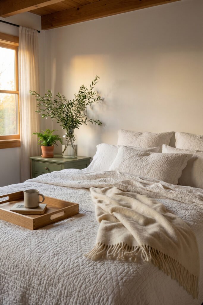 Spring Bedding Ideas for a Lighter, Fresher Bedroom 15 Cozy neutral bedroom with textured white spring bedding, a cream throw, wood tray, and greenery in soft golden light.