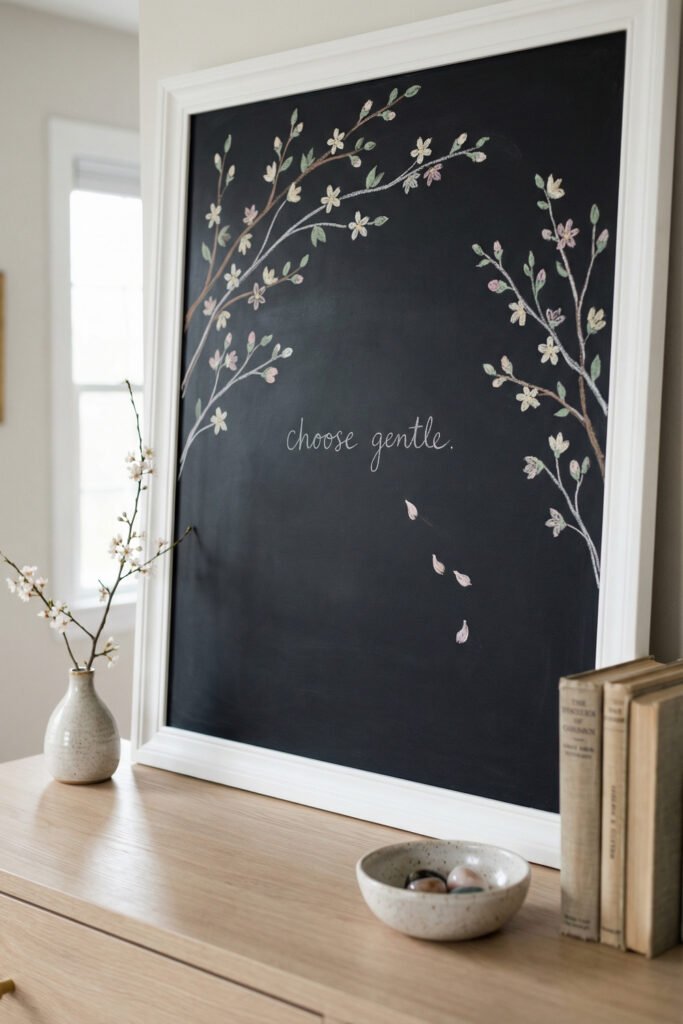 Spring Chalkboard Ideas That Feel Fresh and Easy to Style 14 White-framed chalkboard with delicate flowering branches and “choose gentle.” on a dresser beside books, vase, and pastel eggs for serene spring chalkboard ideas.