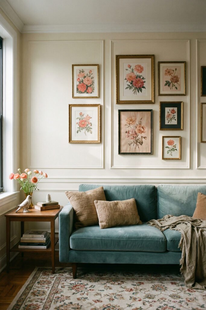 Blue velvet sofa, floral gallery wall, and classic molding create polished spring living room décor with pastel artwork and collected charm.
