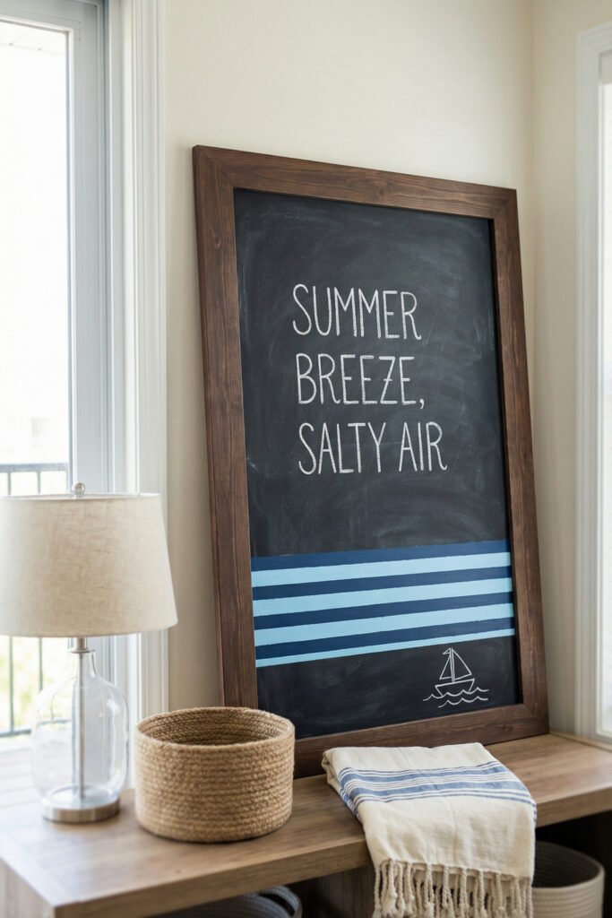 Summer Chalkboard Ideas That Brighten Every Corner 19 Dark wood framed chalkboard that says Summer Breeze, Salty Air with blue stripes and sailboat doodle on a neutral console table.