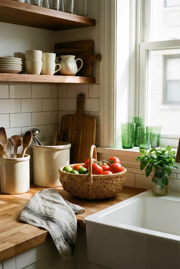 Summer Décor Ideas for an Airy, Collected Home 14 Cozy kitchen corner with open wood shelves, white tile, produce basket, green glasses, basil, and apron sink in collected summer decor.