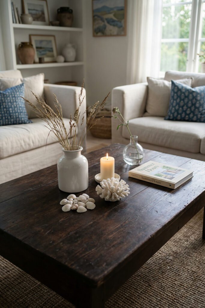 Coastal coffee table with shells, coral, candle, blue pillows, and dark wood in a serene Summer Living Room Decor setting.
