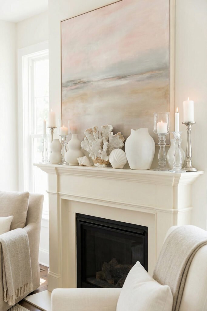 Cream fireplace mantel with blush coastal art, white vases, coral, shells, and candles in a serene living room styled for summer mantle décor.
