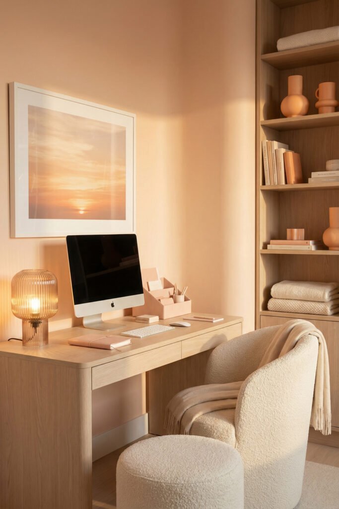 Peach-toned office with light wood desk, sunset art, amber lamp, boucle chair, and built-in shelves for soft Summer Office Decor.
