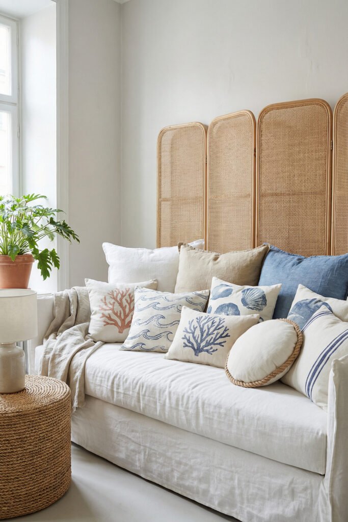 Diy Beach Decor That Feels Fresh for Summer 23 Neutral daybed styled with coral, shell, and wave pillows against woven cane panels, airy DIY beach decor inspiration.