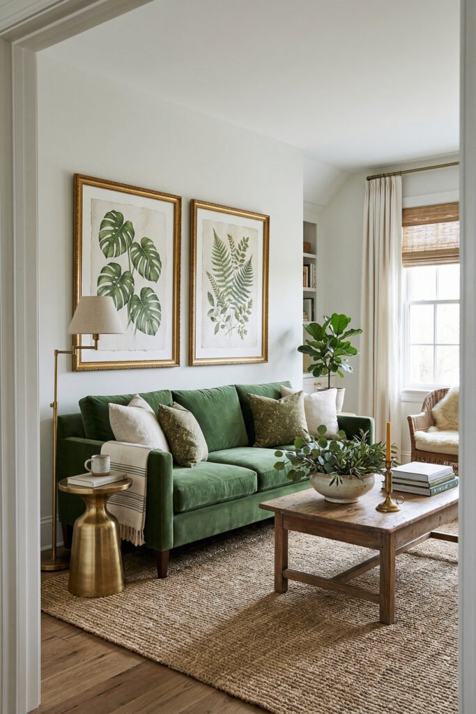 Green And Gold Room Ideas For A Stylish Living Room 23 Soft green sofa with gold side table, botanical wall art, rustic wood coffee table, and creamy textiles in a bright collected living room.