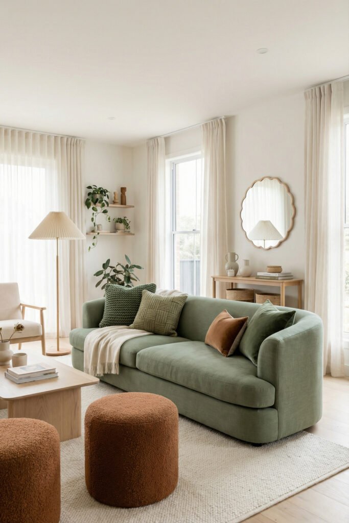 Bright Green And Rust Living Room with a curved sage sofa, rust ottoman, pleated floor lamp, pale wood console, cream rug, and airy neutral styling.
