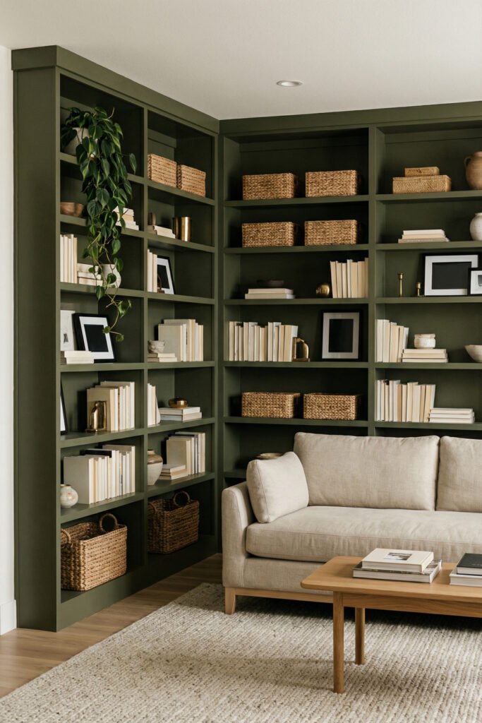 Olive Green Decor Ideas For A Layered Living Room 23 Corner built-in shelves painted deep olive with woven baskets, books, and a cream sofa in a cozy living room.