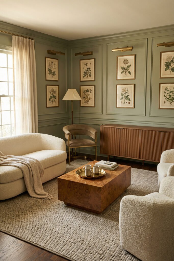 Sage Green Lounge Ideas for a Calm, Collected Living Room 23 Classic paneled sage room with botanical gallery wall, curved cream sofa, textured rug, warm wood credenza, and soft brass lighting.
