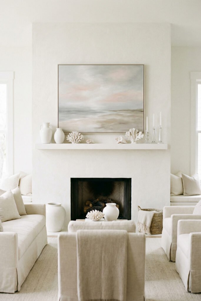 Minimal white fireplace with pastel seascape art, white pottery, coral, shells, and candlesticks creating airy coastal summer mantle décor.
