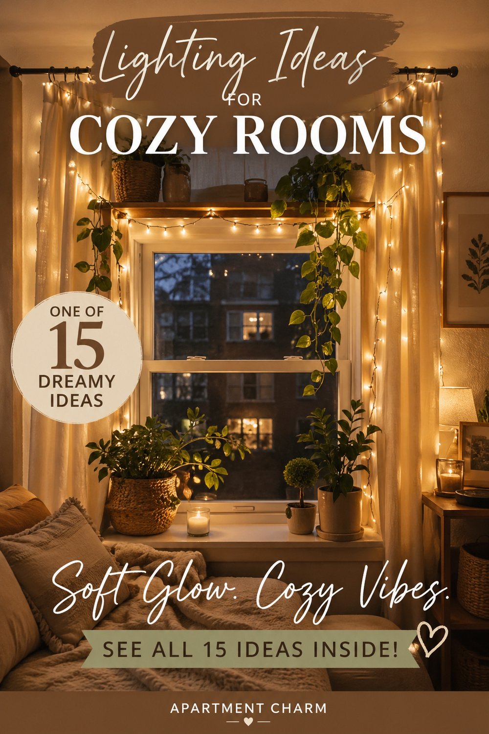 Lighting Ideas For Cozy Rooms That Feel Soft And Stylish Cozy window with fairy lights, trailing plants, linen curtains, and text reading Lighting Ideas for Cozy Rooms, One of 15 Dreamy Ideas.