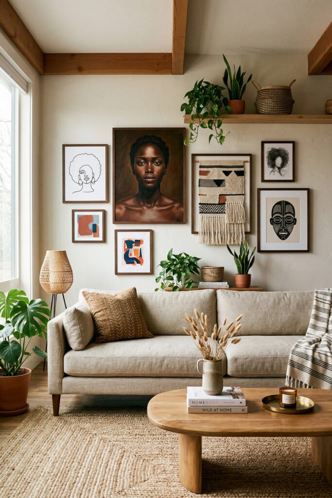 Curated Afro Art gallery wall above a beige sofa with portrait art, textile hanging, framed mask print, plants, wood beams, and a round coffee table
