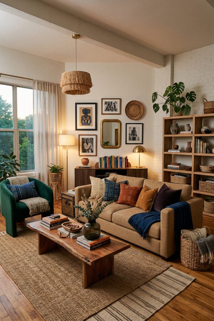 Warm living room with beige sofa, emerald chair, blue and rust pillows, fringe pendant, gallery wall, wood shelving, and jute rug in an Afro Boho Decor space.
