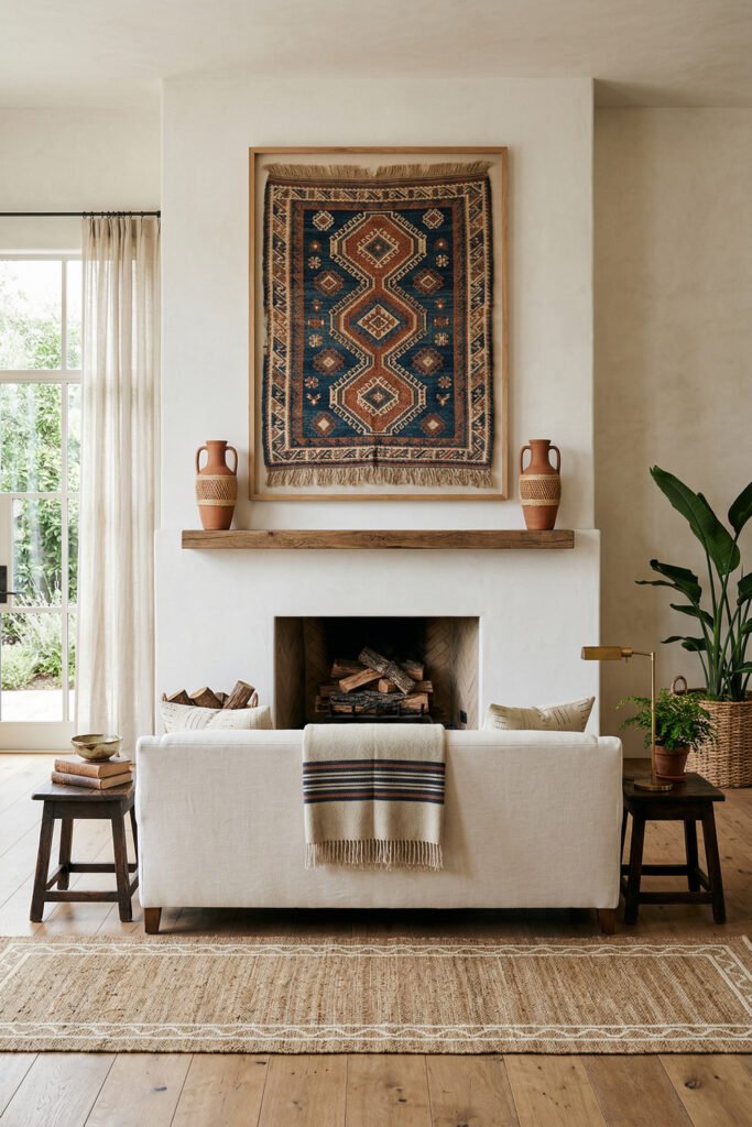Neutral living room fireplace with framed patterned textile, terracotta vases, jute rug, white sofa, brass lamp, and leafy plant in an Afro Boho space.
