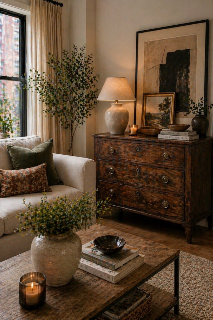 Vintage dresser styled with lamp, layered art, plants, candle, sofa, and collected apartment vibes decor ideas
