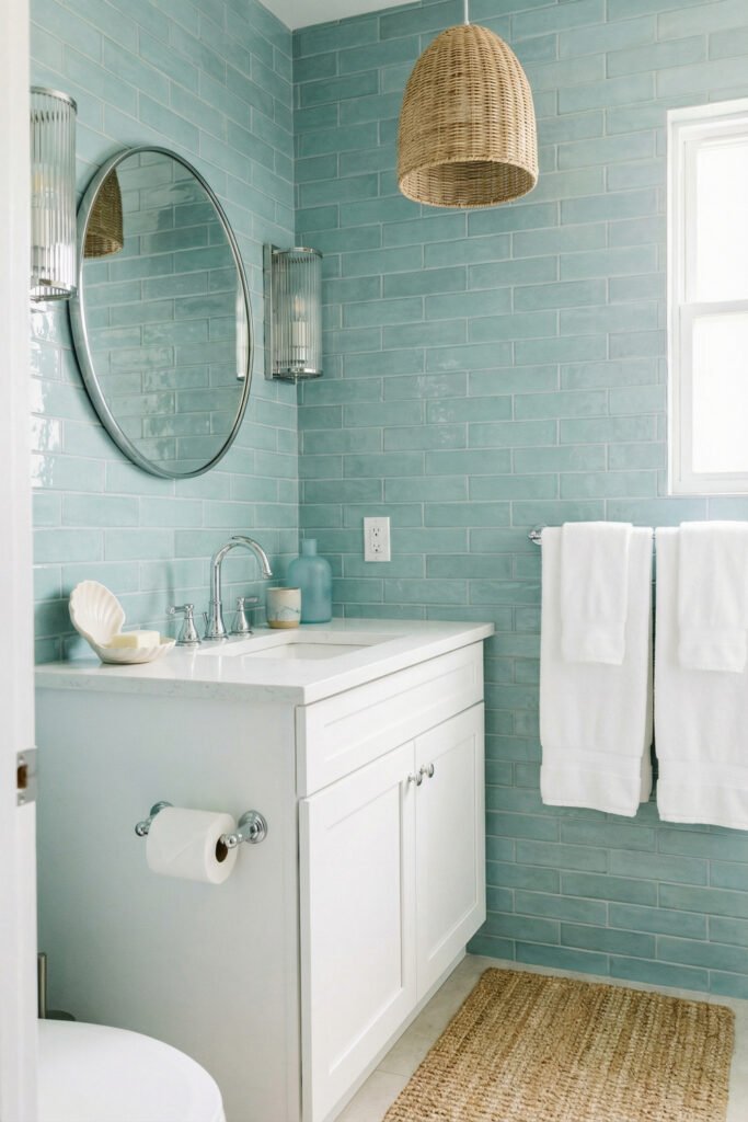 Coastal Summer Aesthetic Ideas for a Breezy Apartment 18 Bathroom with sea-glass subway tile, white vanity, round mirror, woven pendant, and jute rug capturing a fresh coastal summer aesthetic.
