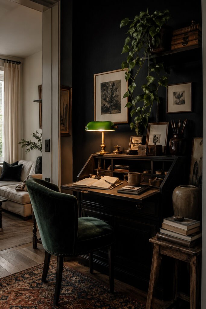 Moody black study corner with vintage writing desk, green lamp, velvet chair, trailing plant, and decor ideas with personality
