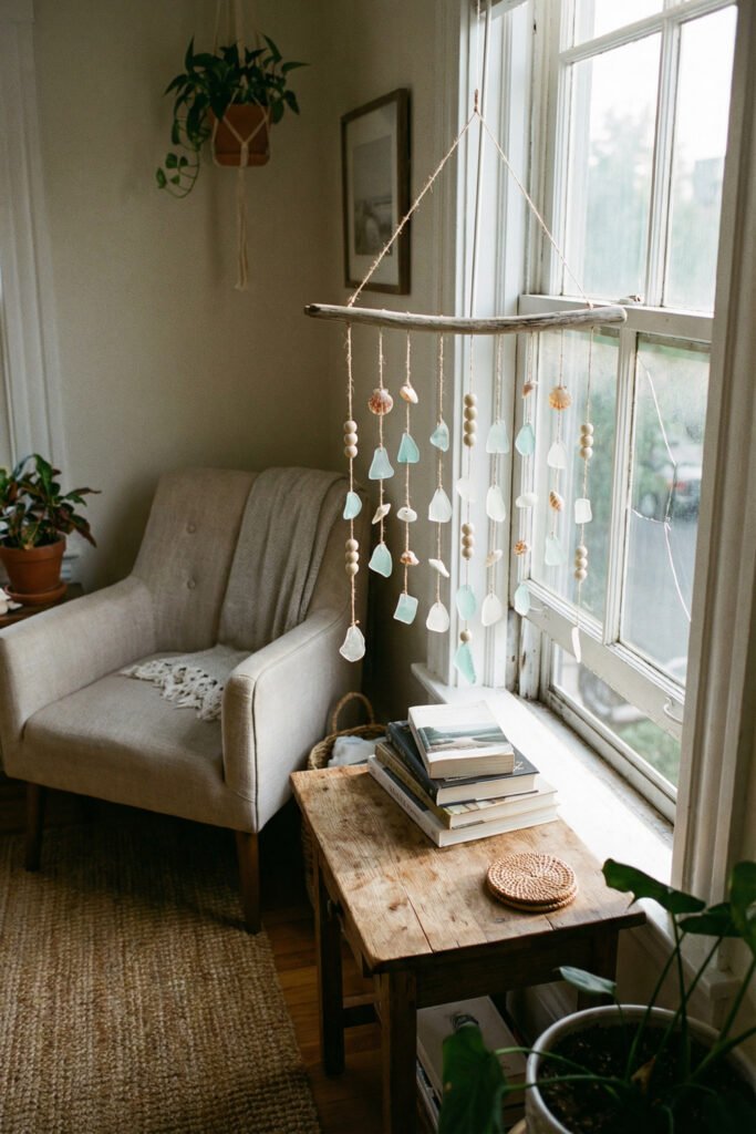 Diy Beach Decor That Feels Fresh for Summer 24 Driftwood mobile with sea glass, shells, and wood beads hanging by a window above a rustic table, handmade DIY beach decor.