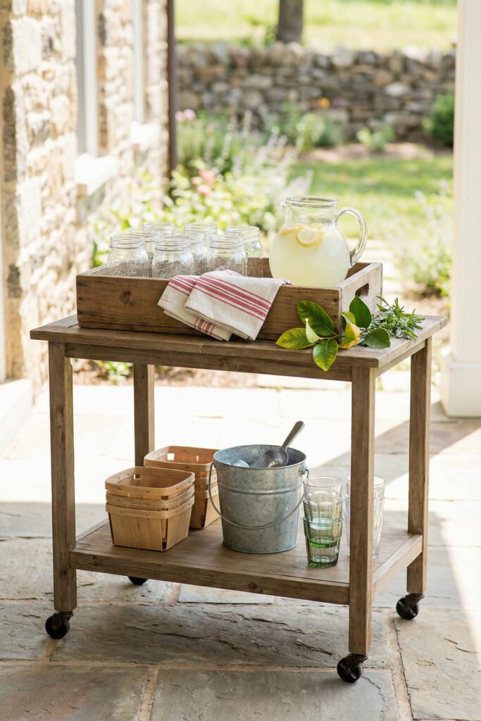 Wood rolling cart with lemonade pitcher, mason jars, striped towel, lemons, and galvanized bucket on a stone porch in farmhouse summer decor style.
