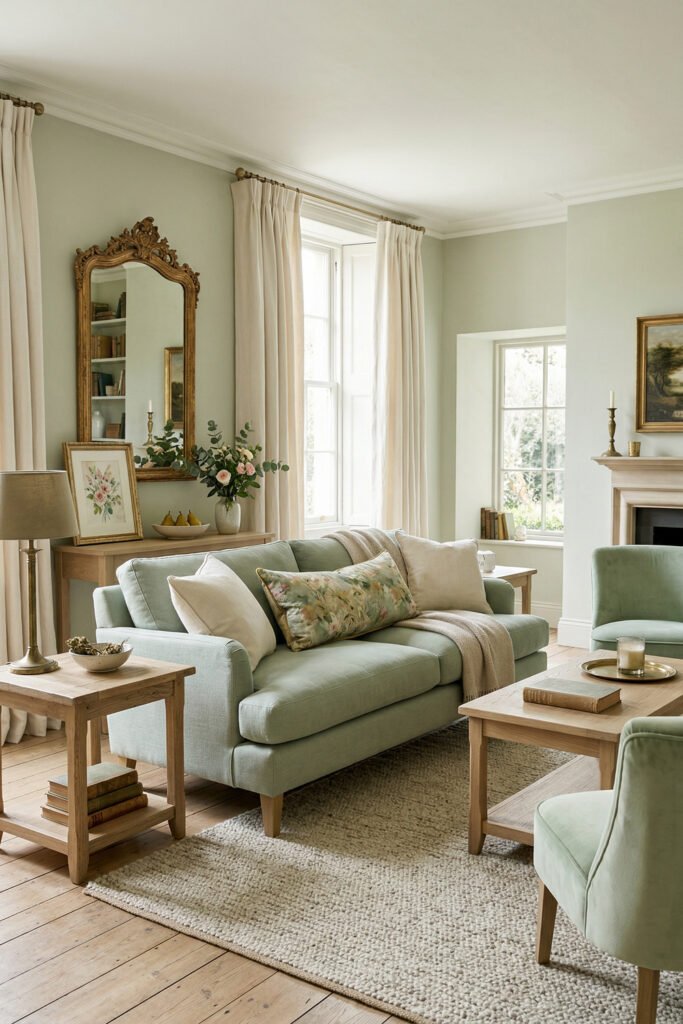 Green And Gold Room Ideas For A Stylish Living Room 24 Pale sage sofa with ornate gold mirror, floral accents, cream curtains, and light wood tables in a soft traditional living room.