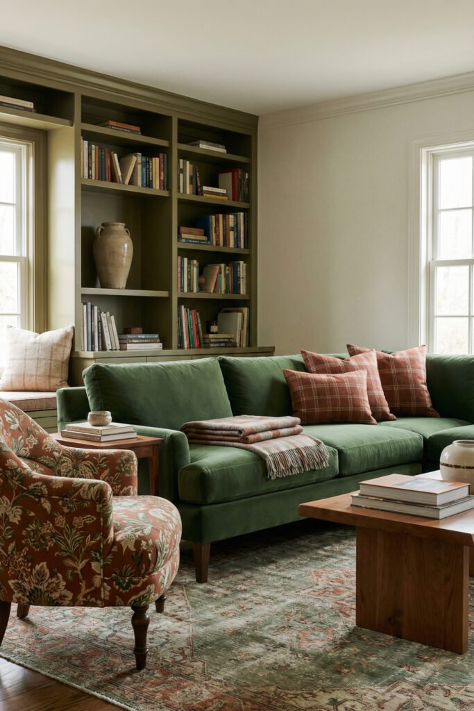 Classic Green And Rust Living Room with a green sofa, plaid rust pillows, floral armchair, olive built-ins, wood coffee table, and vintage-style rug.
