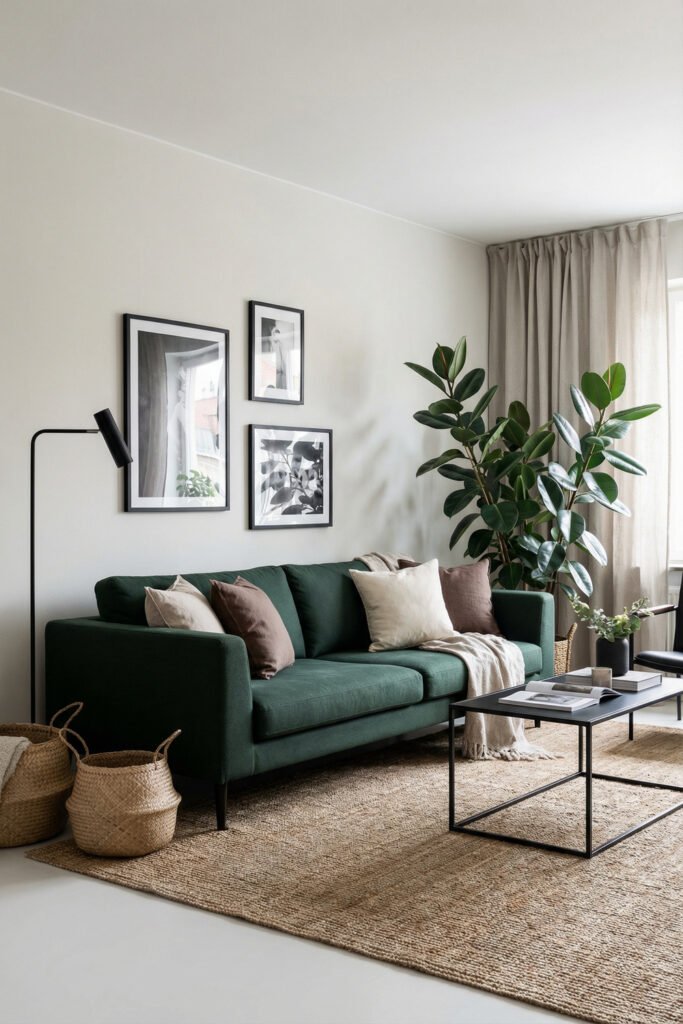 Green Boho Living Room Ideas With Relaxed Style 24 Modern Green Boho Living Room with dark green sofa, black framed art, jute rug, black metal coffee table, woven baskets, and a rubber plant.