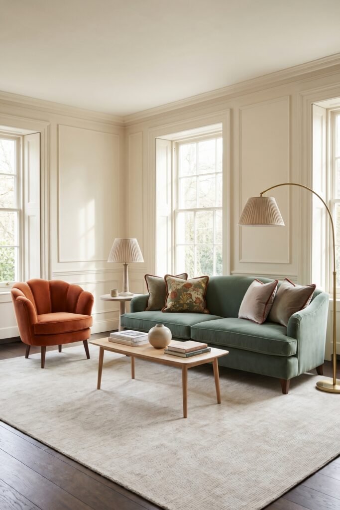 Green Burnt Orange Living Room Ideas With Rich, Easy Style 22 Pale sage sofa with burnt orange shell chair, light wood coffee table and cream rug in an elegant Green Burnt Orange Living Room