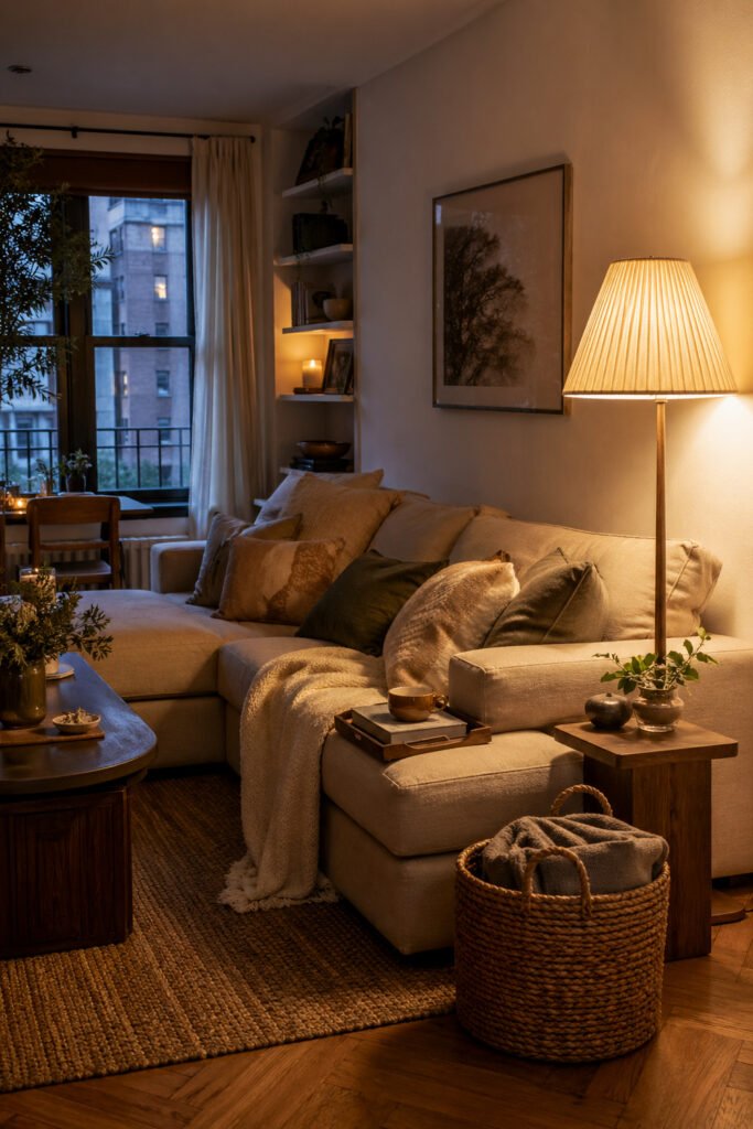 Small apartment living room with sectional sofa, pleated floor lamp, candles, wood accents, and layered warm lighting.
