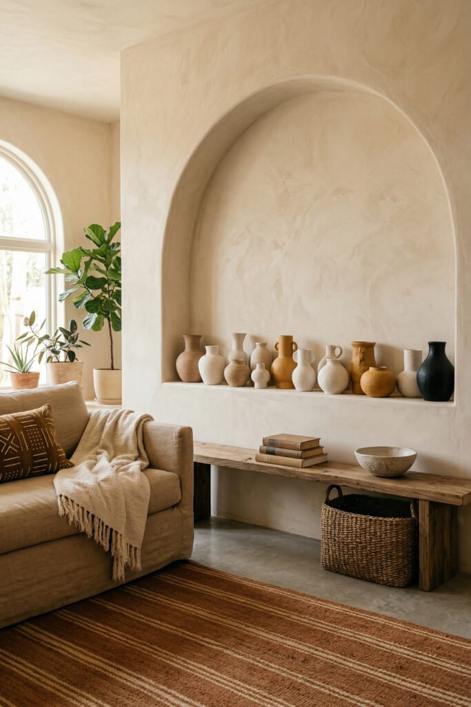Arched plaster niche filled with pottery above a rustic bench, beside a linen sofa and striped rug in a serene, earthy Nubian Style living room.
