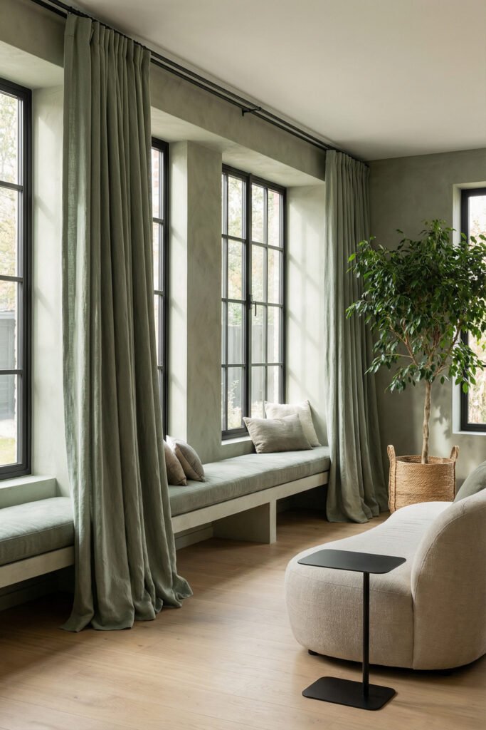 Sage Green And Black Living Room Ideas for a Layered Look 18 Serene sage living room with floor-to-ceiling drapes, black window frames, built-in bench seating, curved cream sofa, and slim black side table.