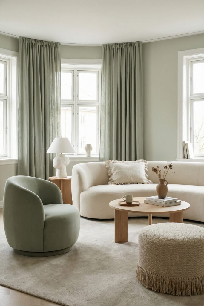 Sage Green Lounge Ideas for a Calm, Collected Living Room 24 Minimal living room with pale sage chair, curved cream sofa, fringe ottoman, round wood coffee table, and tall sage drapery.