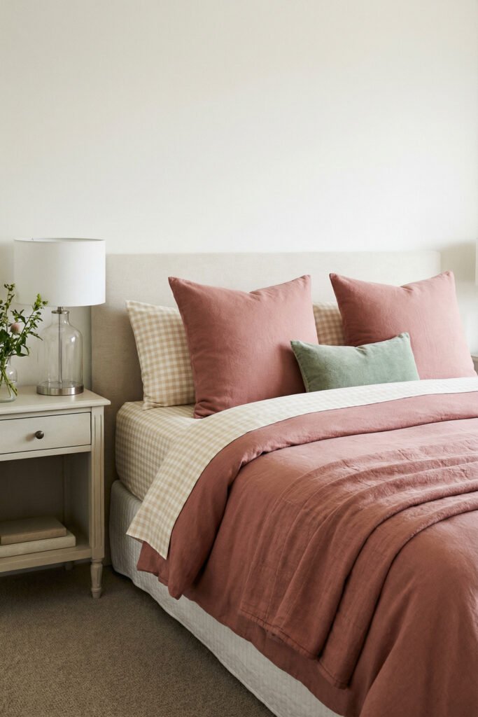 Spring Bedding Ideas for a Lighter, Fresher Bedroom 16 Dusty rose bedding layered with beige gingham sheets and sage accent pillows creates a warm, modern spring bedding look.