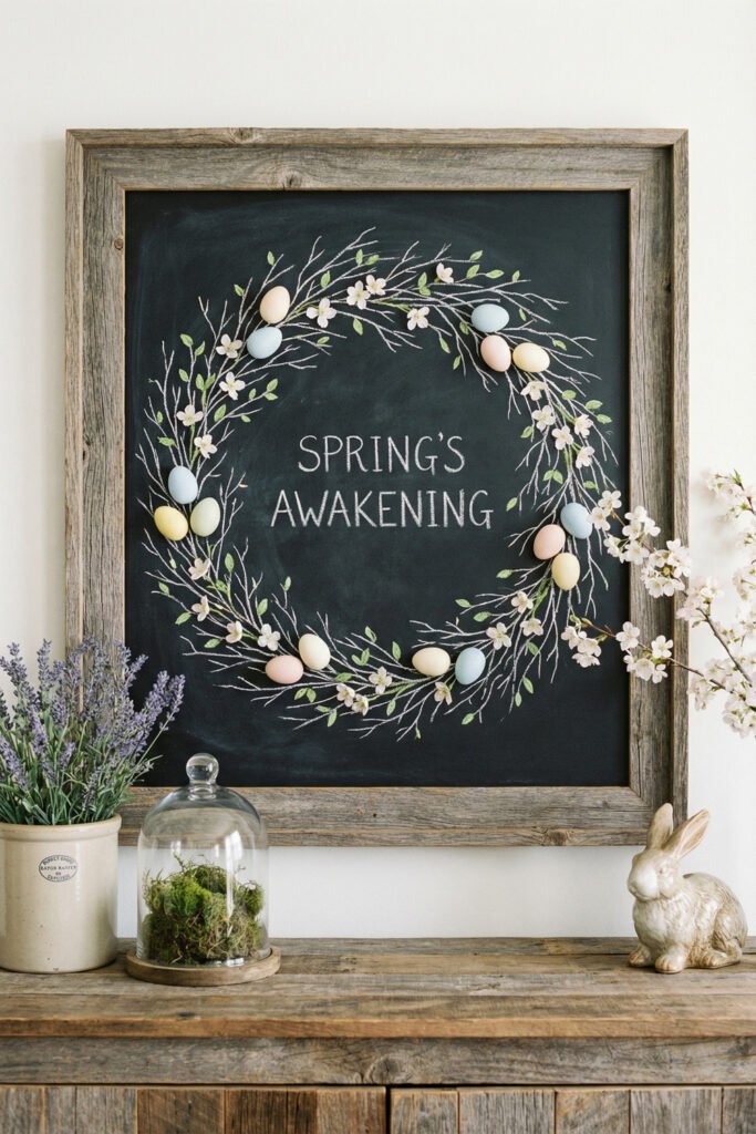 Spring Chalkboard Ideas That Feel Fresh and Easy to Style 15 Rustic framed chalkboard with a blossom wreath, pastel eggs, and “Spring’s Awakening” above a wooden sideboard with lavender, cloche, and bunny figurine.