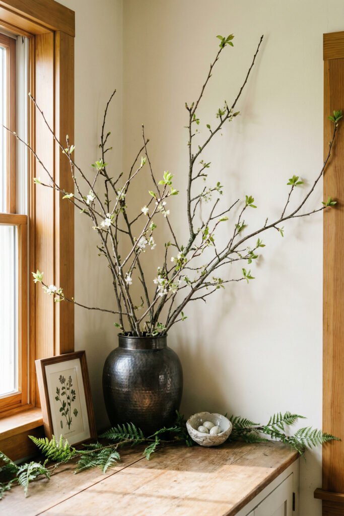 Rustic wooden console by a window with a dark hammered vase of budding branches, ferns, eggs, and botanical art for natural spring kitchen décor
