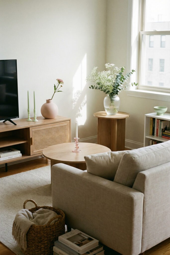 Neutral apartment living room with cane media console, blush vase, mint candles, baby’s breath, and pale wood tables for soft spring living room décor.
