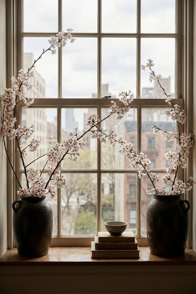 Spring Window Display Ideas For A Light-Filled Season 12 City window styled with tall cherry blossom branches in dark urns, stacked books, and a soft neutral spring window display.