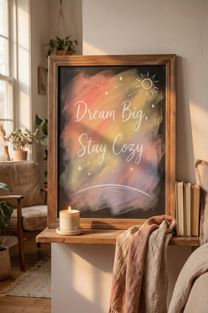 Summer Chalkboard Ideas That Brighten Every Corner 20 Warm wood framed chalkboard reading Dream Big, Stay Cozy with soft pastel sunset chalk and stars in a cozy living room corner.