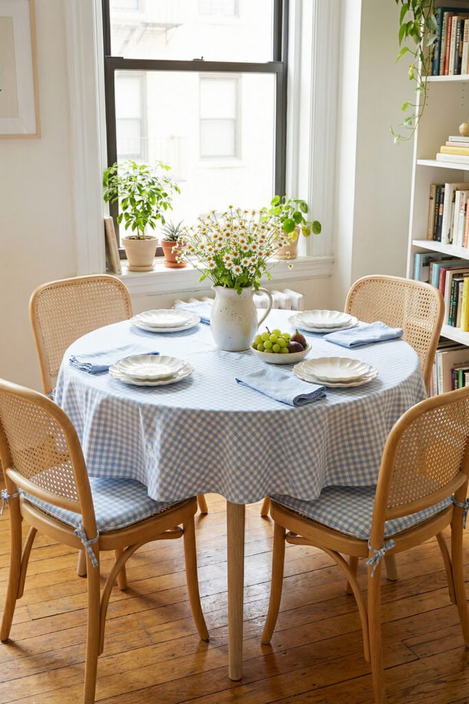 Summer Décor Ideas for an Airy, Collected Home 15 Round dining table with blue gingham cloth, cane chairs, daisy bouquet, fruit bowl, and soft daylight for charming summer decor.