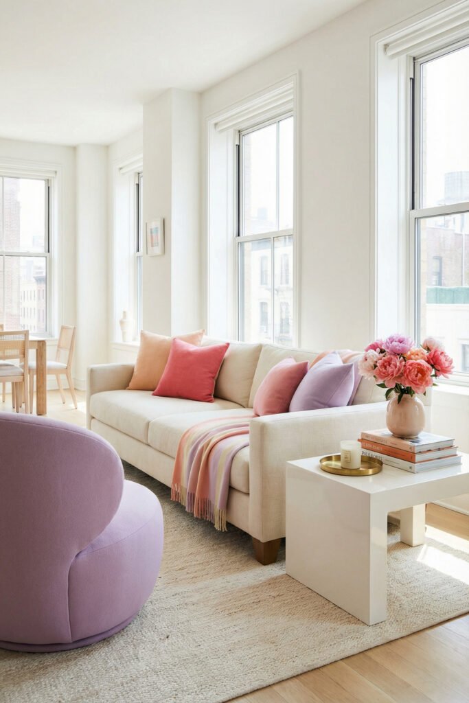 Bright living room with blush, coral, and lilac pillows, pink flowers, a white sofa, and curved lavender chair for pastel summer decor.
