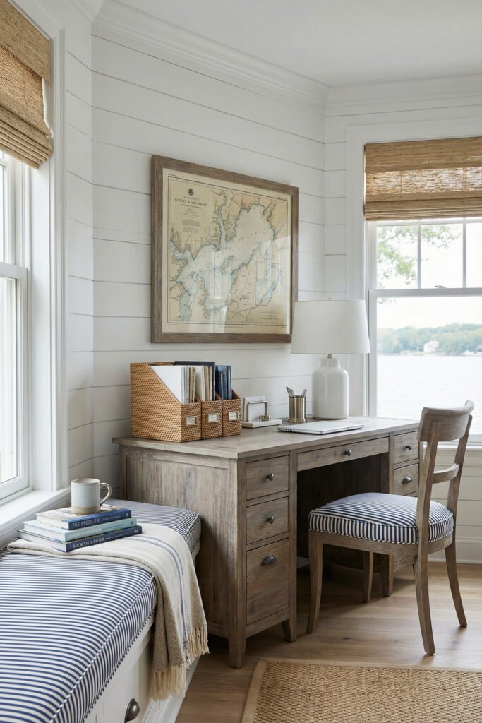 Rustic wood desk by lake windows with striped chair, shiplap walls, woven file boxes, and map art in coastal Summer Office Decor.
