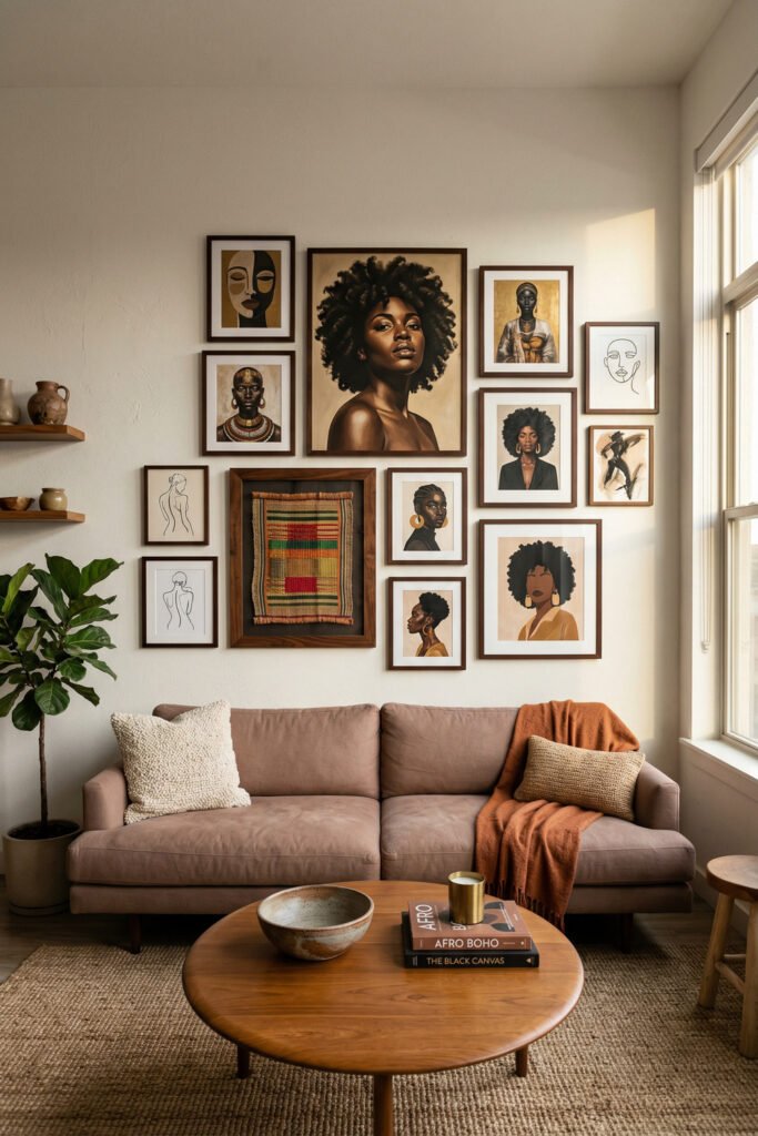 Layered Afro Art gallery wall above a taupe sofa with portraits, line drawings, textile art, and earthy frames in a bright neutral living room
